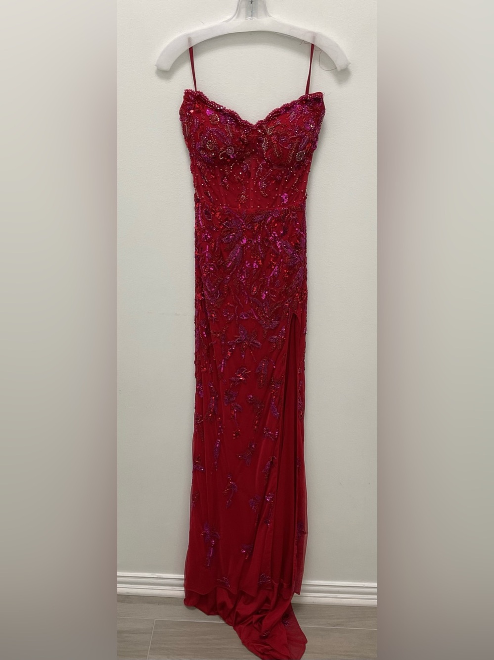 Beaded Red Strapless Ashley Lauren prom dress